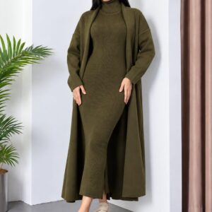 Elegant Ribbed High Neck Dress & Overcoat Set - Olive Green
