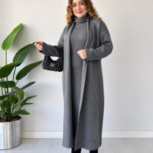 Elegant Ribbed High Neck Dress & Overcoat Set - Gray