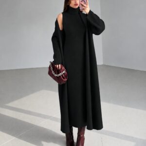 Elegant Ribbed High Neck Dress & Overcoat Set - Black