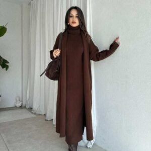 Elegant Ribbed High Neck Dress & Overcoat Set - Coffee