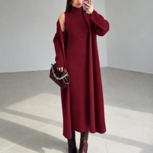 Elegant Ribbed High Neck Dress & Overcoat Set - Maroon