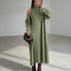 Elegant Ribbed High Neck Dress & Overcoat Set - Mint Green