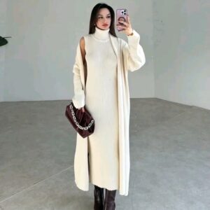 Elegant Ribbed High Neck Dress & Overcoat Set - Off White