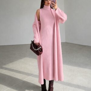 Elegant Ribbed High Neck Dress & Overcoat Set - Baby Pink