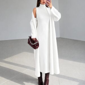 Elegant Ribbed High Neck Dress & Overcoat Set - White