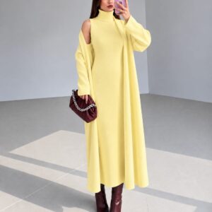 Elegant Ribbed High Neck Dress & Overcoat Set - Yellow